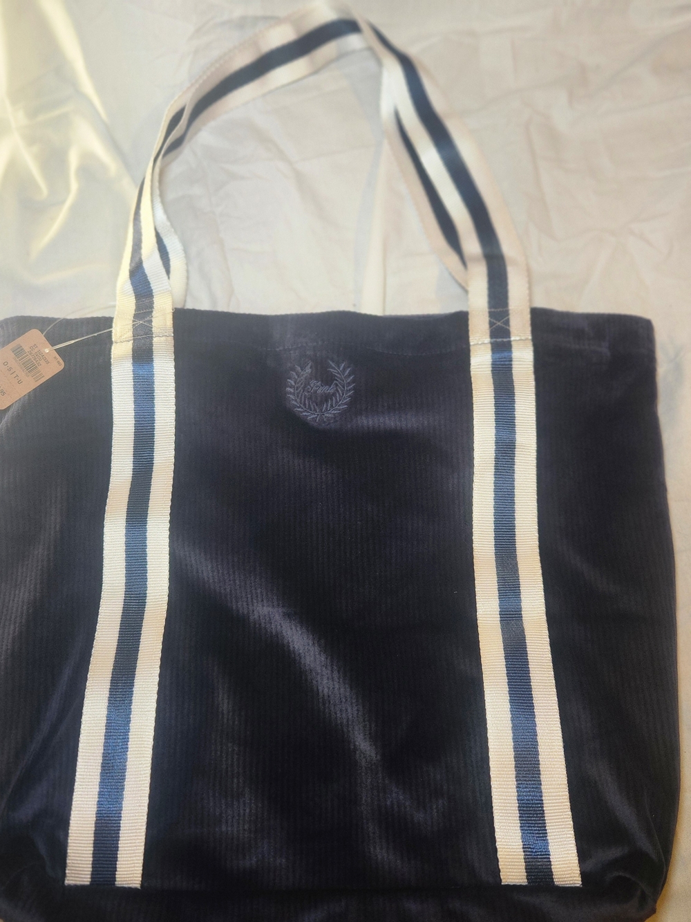 PINK Victoria's Secret Navy Corduroy Tote with Cream & Navy Striped Handles